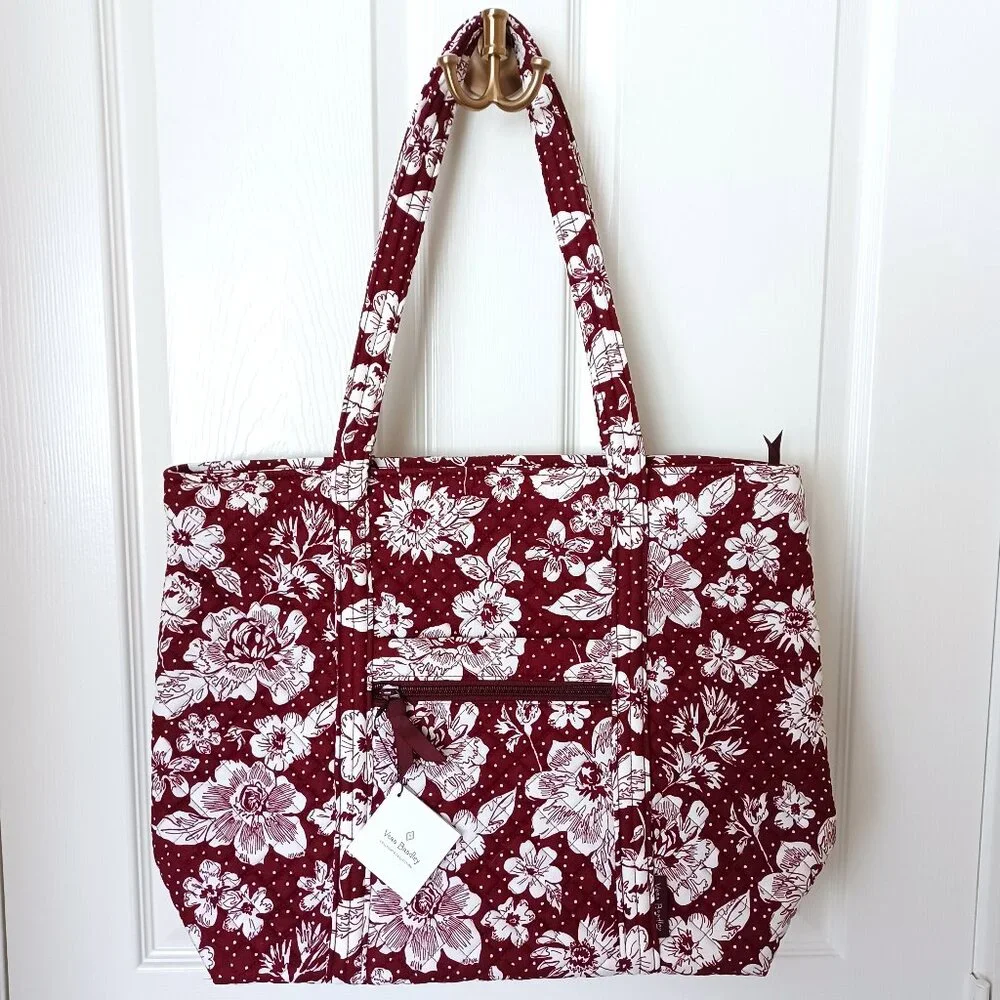 Vera Bradley Tote NEW Maroon / White Rain Garden Cotton Full Zipper Closure - Picture 1 of 4